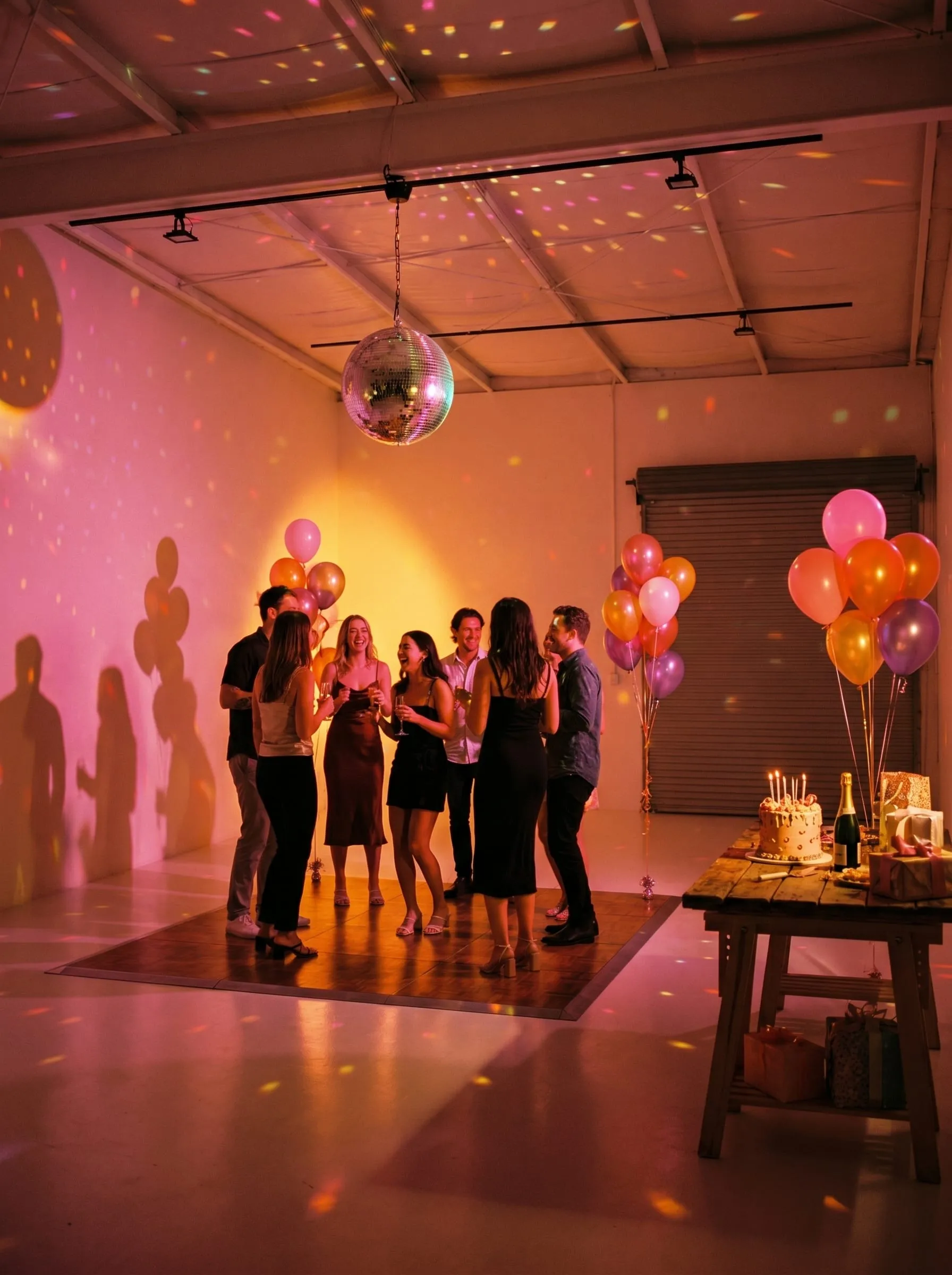 The studio dressed for a birthday party with a dance floor and disco lighting
