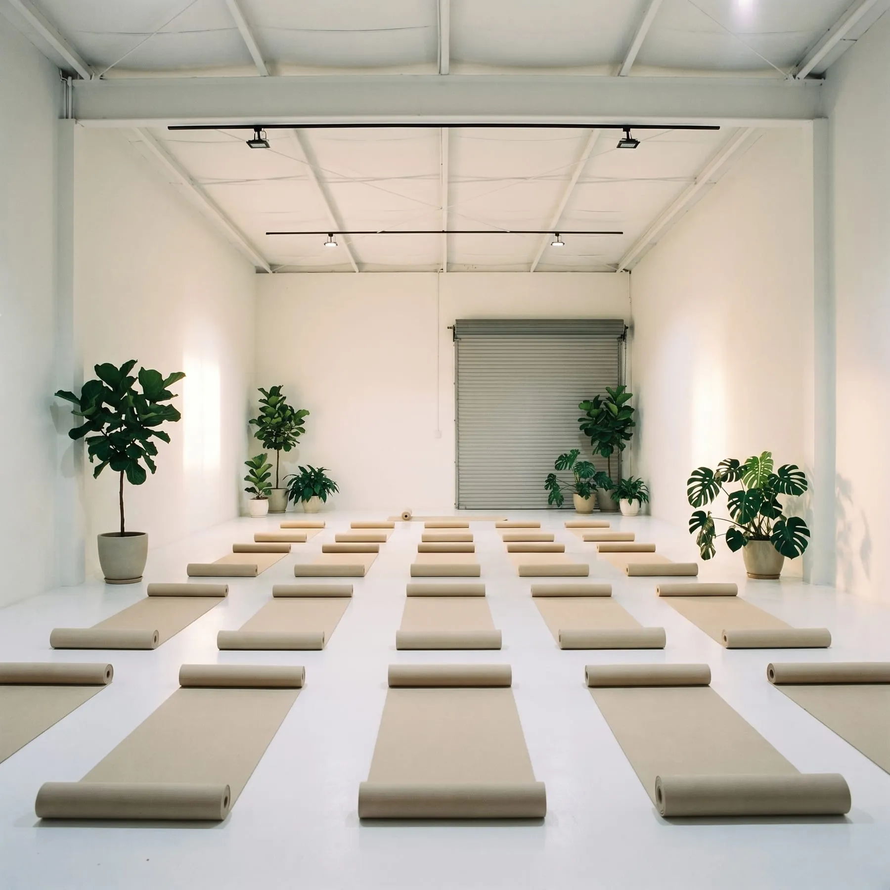Rows of yoga mats laid out in the calm light-filled studio