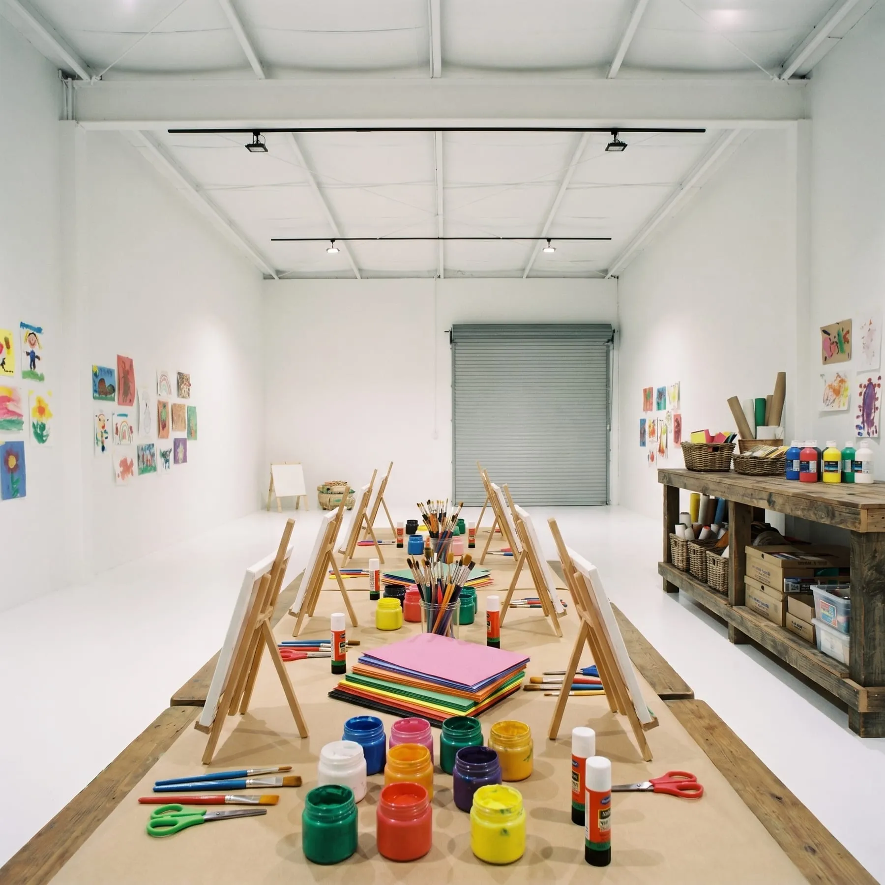 A children's arts and crafts class setup with paint and easels